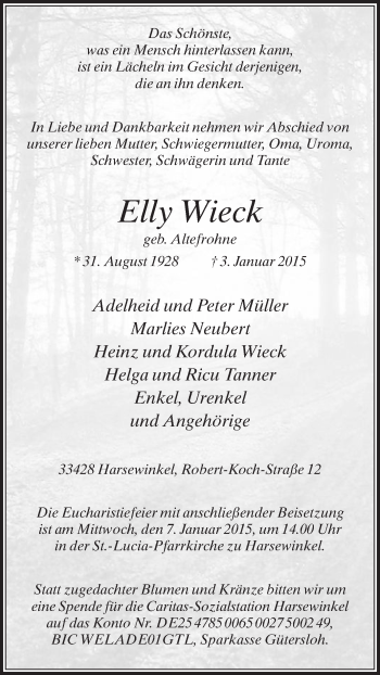 Traueranzeige von Elly Wieck von Die Glocke