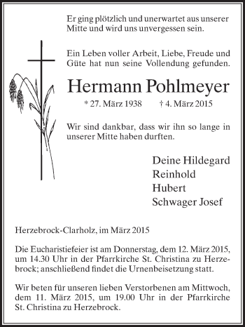 Traueranzeige von Hermann Pohlmeyer von Die Glocke
