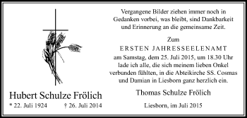 Traueranzeige von Hubert Schulze Frölich von Die Glocke