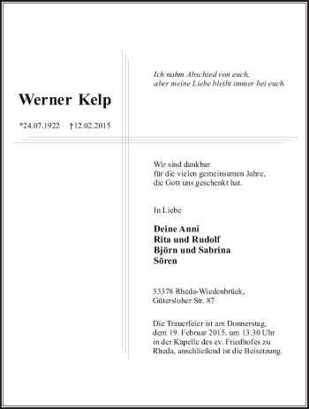 Traueranzeige von Werner Kelp von Die Glocke