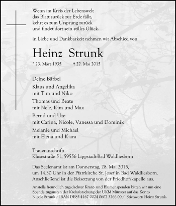 Traueranzeige von Heinz Strunk von Die Glocke