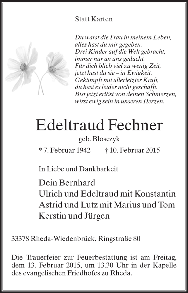  Traueranzeige für Edeltraud Fechner vom 11.02.2015 aus Die Glocke