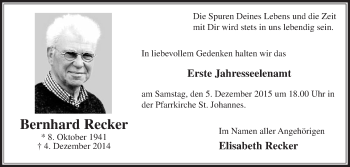 Traueranzeige von Bernhard Recker von Die Glocke