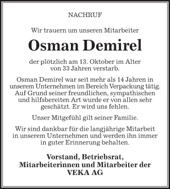 Traueranzeige von Osman Demirel von Die Glocke