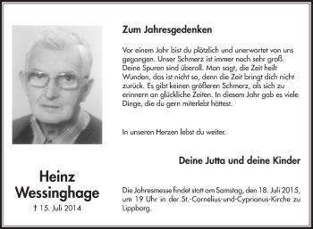 Traueranzeige von Heinz Wessinghage von Die Glocke