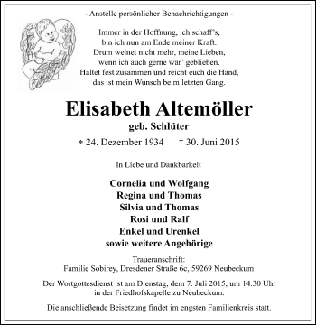 Traueranzeige von Elisabeth Altemöller von Die Glocke