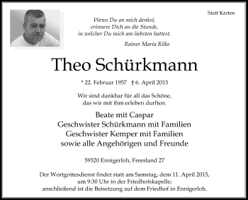 Traueranzeige von Theo Schürkmann von Die Glocke