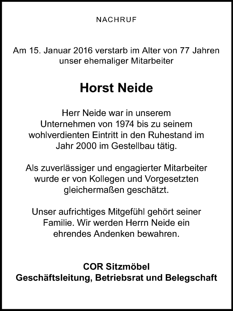  Traueranzeige für Horst Neide vom 20.01.2016 aus Die Glocke