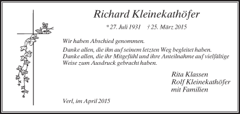Traueranzeige von Richard Kleinekathöfer von Die Glocke