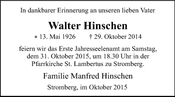 Traueranzeige von Walter Hinschen von Die Glocke