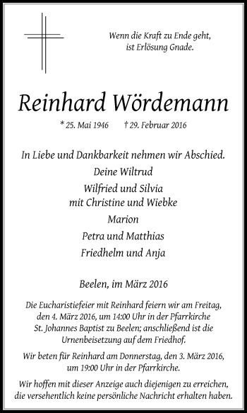 Traueranzeige von Reinhard Wördemann von Die Glocke