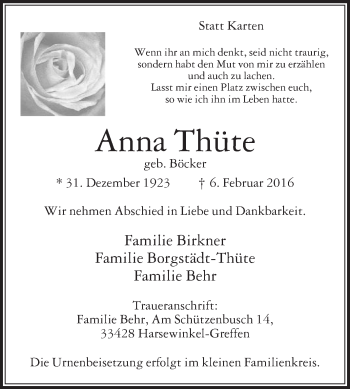 Traueranzeige von Anna Thüte von Die Glocke