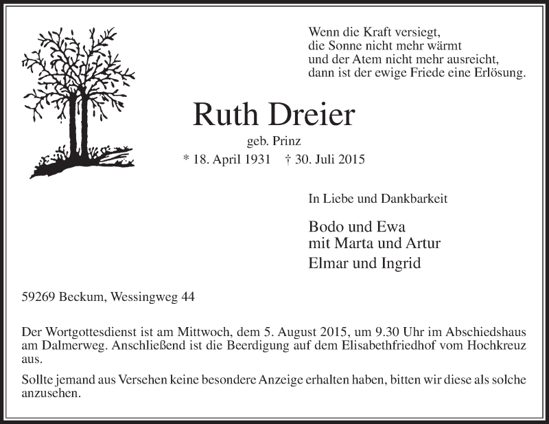  Traueranzeige für Ruth Dreier vom 03.08.2015 aus Die Glocke