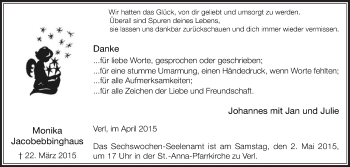 Traueranzeige von Monika Jacobebbinghaus von Die Glocke
