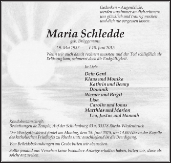 Traueranzeige von Maria Schledde von Die Glocke
