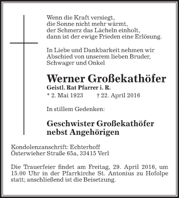 Traueranzeige von Werner Großekathöfer von Die Glocke