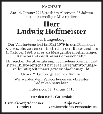 Traueranzeige von Ludwig Hoffmeister von Die Glocke