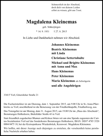 Traueranzeige von Magdalena Kleinemas von Die Glocke