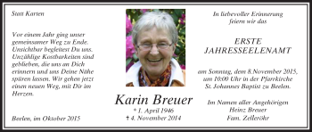 Traueranzeige von Karin Breuer von Die Glocke