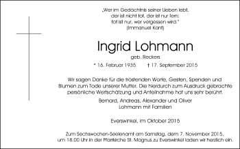 Traueranzeige von Ingrid Lohmann von Die Glocke