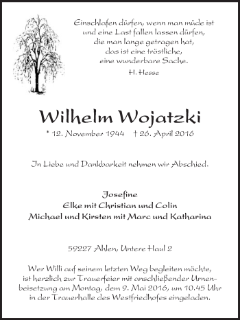 Traueranzeige von Wilhelm Wojatzki von Die Glocke