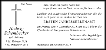 Traueranzeige von Hedwig Schembecker von Die Glocke