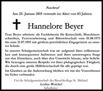 Traueranzeige von Hannelore Beyer von Die Glocke