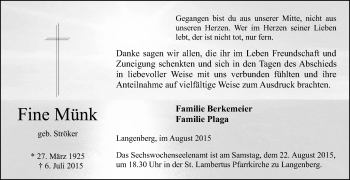 Traueranzeige von Fine Münk von Die Glocke