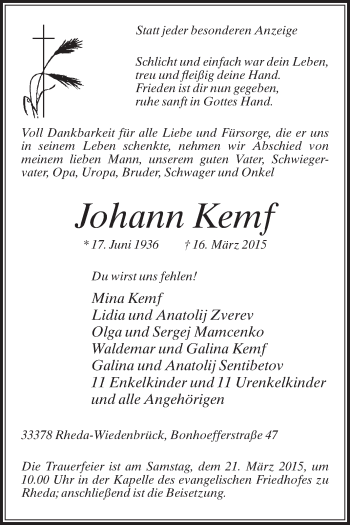 Traueranzeige von Johann Kempf von Die Glocke