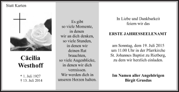 Traueranzeige von Cäcilia Westhoff von Die Glocke