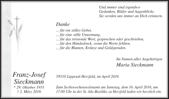 Traueranzeige von Franz-Josef Sieckmann von Die Glocke