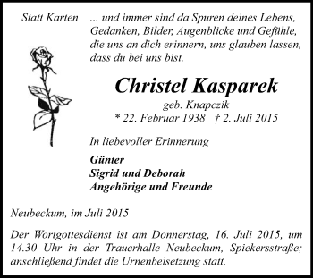 Traueranzeige von Christel Kasparek von Die Glocke