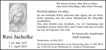 Traueranzeige von Resi Jacholke von Die Glocke
