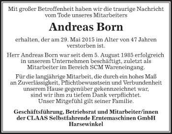 Traueranzeige von Andreas Born von Die Glocke