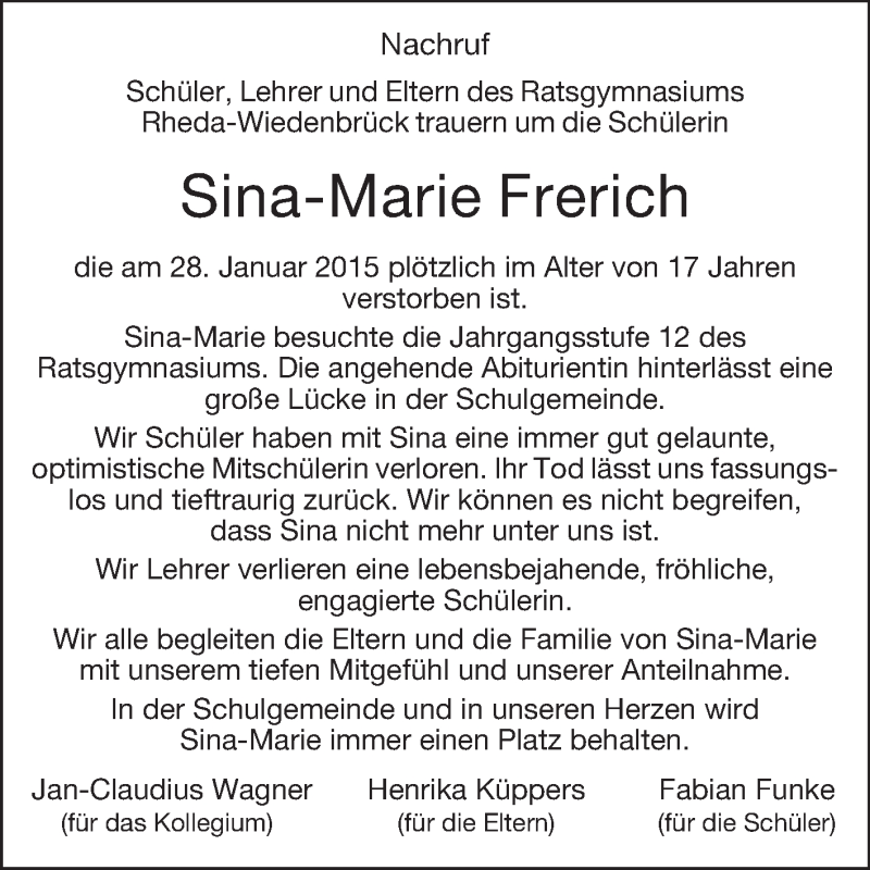  Traueranzeige für Sina-Marie Frerich vom 05.02.2015 aus Die Glocke