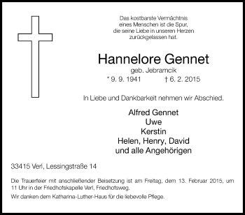 Traueranzeige von Hannelore Gennet von Die Glocke
