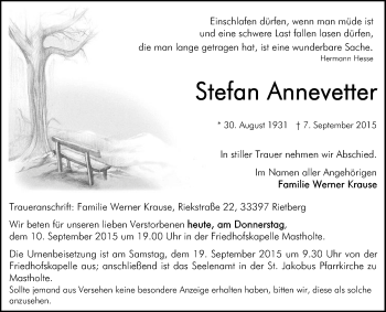 Traueranzeige von Stefan Annevetter von Die Glocke