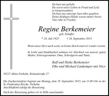 Traueranzeige von Regine Berkemeier von Die Glocke