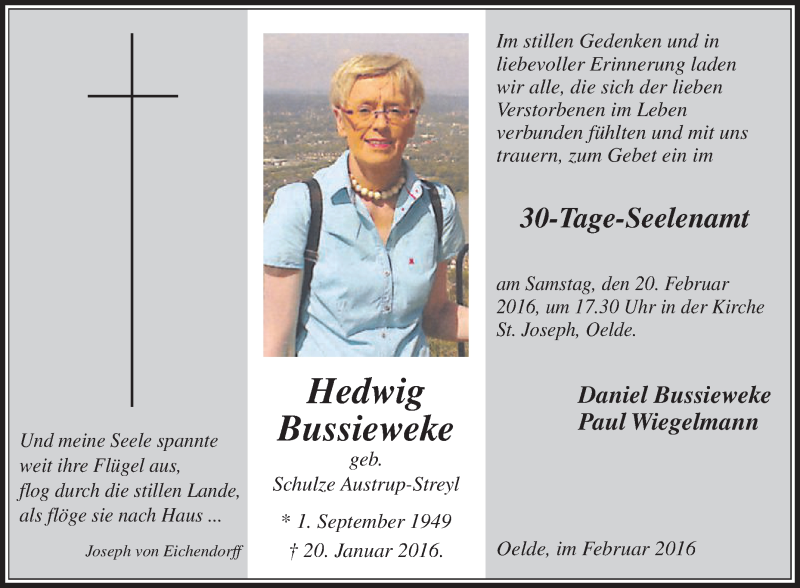  Traueranzeige für Hedwig Bussieweke vom 17.02.2016 aus Die Glocke