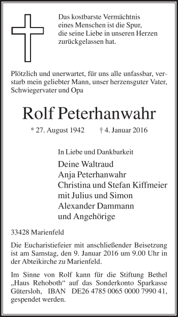 Traueranzeige von Rolf Peterhanwahr von Die Glocke