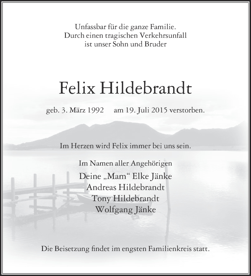  Traueranzeige für Felix Hildebrandt vom 22.07.2015 aus Die Glocke