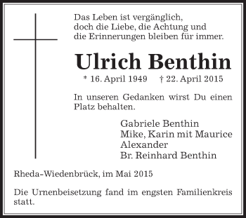 Traueranzeige von Ulrich Benthin von Die Glocke