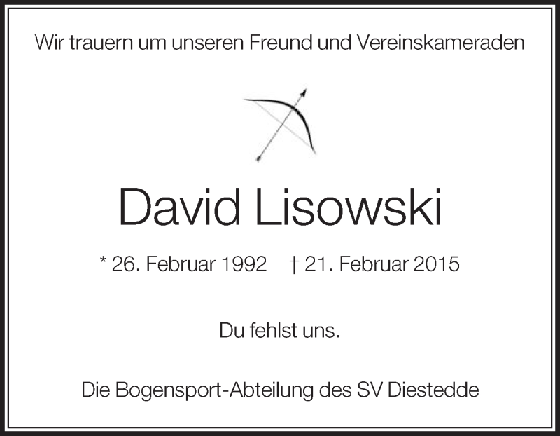  Traueranzeige für David Lisowski vom 28.02.2015 aus Die Glocke