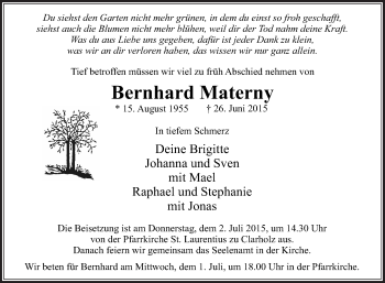 Traueranzeige von Bernhard Materny von Die Glocke