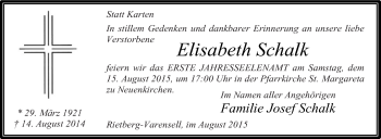 Traueranzeige von Elisabeth Schalk von Die Glocke