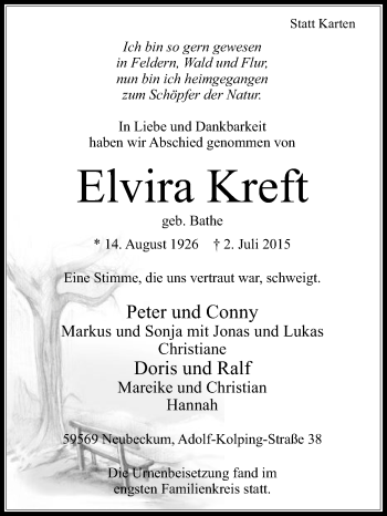 Traueranzeige von Elvira Kreft von Die Glocke