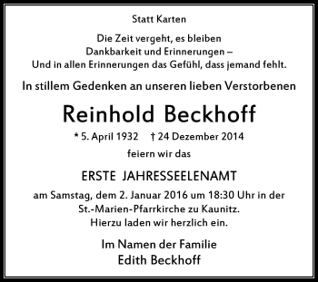 Traueranzeige von Reinhold Beckhoff von Die Glocke