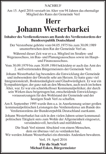 Traueranzeige von Johann Westerbarkei von Die Glocke