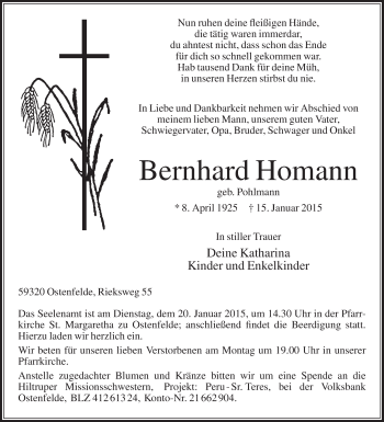Traueranzeige von Bernhard Homann von Die Glocke