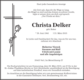 Traueranzeige von Christa Delker von Die Glocke